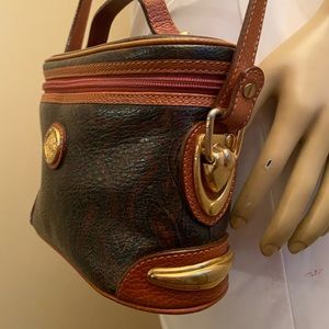 Vintage Pierre Balmain Paris Brown Black Leather Crossbody Bag Paisley Print